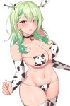  1girl animal_print antlers bangs bell bikini black_collar branch breasts ceres_fauna collar commentary cow_print cowbell green_hair highres hololive hololive_english large_pectorals leaf mikoto_paint mole mole_under_eye navel neck_bell pectorals print_bikini simple_background solo stomach swimsuit symbol-only_commentary thighhighs thighs virtual_youtuber white_background yellow_eyes 