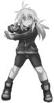  1girl :d antenna_hair bike_shorts commentary_request full_body greyscale jacket koshirae_tsurugi long_sleeves looking_at_viewer low_ponytail m.m monochrome original ponytail shoes simple_background sleeves_past_wrists smile socks solo stance standing track_jacket white_background 