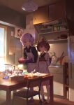  2girls ahoge apron bangs basket black_shirt blush bowl brown_hair chair closed_eyes closed_mouth collared_shirt cooking cooking_pot cup cutting_board cutting_onions day drinking_glass faucet frying_pan gloves hand_up hands_up headgear highres holding holding_cooking_pot indoors japanese_clothes kimono kitchen knife leaning_forward light_purple_hair long_hair long_sleeves looking_at_another multiple_girls onion purple_eyes purple_footwear purple_gloves red_footwear refrigerator ribbed_legwear rubbing_eyes shirt short_hair sleeves_pushed_up slippers smile standing table tearing_up touhoku_kiritan twintails vocaloid voiceroid white_apron white_kimono wing_collar yamamomo_(plank) yuzuki_yukari 