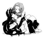  2girls apron bangs blush breasts code_geass code_geass:_lost_stories gloves greyscale hair_intakes higaragi kallen_stadtfeld long_hair looking_at_viewer lying_on_person maid maid_apron maid_headdress maya_disel medium_breasts monochrome multiple_girls parted_bangs short_hair sweatdrop v-shaped_eyebrows white_background 
