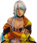  1girl blue_hair breasts choker cleavage dark-skinned_female dark_skin earrings green_eyes highres isla_(kof) jacket jewelry ktovhinao light_blue_hair long_hair mask multicolored_hair oversized_clothes ponytail solo the_king_of_fighters the_king_of_fighters_xv 