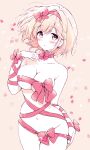  1girl akina_tsukako blonde_hair bow breasts brown_eyes cleavage collarbone covered_clitoris covered_nipples djeeta_(granblue_fantasy) floating_hair gift granblue_fantasy hairband highres large_breasts looking_at_viewer naked_ribbon navel nude pink_background pink_bow pink_hairband ribbon solo 