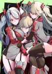  3girls absurdres admiral_hipper_(azur_lane) antenna_hair arm_hug armpit_cutout armpits azur_lane black_choker blonde_hair bluecher_(azur_lane) boots breast_envy breast_press breasts buttons choker clothing_cutout cross double-breasted flag_print garter_straps german_flag girl_sandwich green_eyes grey_hair hat highres hug iron_cross knee_boots long_hair long_sleeves mole mole_on_breast multicolored_clothes multicolored_hair multicolored_scarf multiple_girls p.i.t.d panties peaked_cap prinz_eugen_(azur_lane) red_hair red_shorts sandwiched scarf shorts side_cutout sideboob smile split-color_hair streaked_hair thighhighs two_side_up underwear 