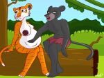  4:3 anthro bagheera_(jungle_book) breasts colty8 duo felid female log male mammal pantherine plant pregnant shere_khan tiger tree wood 