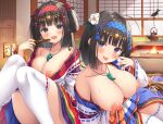  2girls absurdres ahoge asa_no_ha_(awayuki) bangs black_hair blunt_bangs breasts breasts_out cleavage fire flower hair_flower hair_ornament hair_ribbon hairband highres indoors japanese_clothes jewelry kettle kimono lantern large_breasts long_hair looking_at_viewer medium_breasts miko multiple_girls necklace nipples no_bra non-web_source nontraditional_miko open_clothes open_mouth open_shirt original purple_eyes ribbon sidelocks sitting smile tatami thighhighs tongue tongue_out white_kimono 