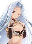  1girl ;) ahoge black_gloves blush breasts closed_mouth detached_sleeves elbow_gloves fingerless_gloves gloves granblue_fantasy heart highres kiikii_(kitsukedokoro) long_hair looking_at_viewer lyria_(granblue_fantasy) navel nipples one_eye_closed relic_buster_(granblue_fantasy) shirt simple_background small_breasts smile solo straight_hair upper_body very_long_hair white_background white_shirt 