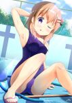  1girl ;d arm_behind_head armpits blush empty_pool gochuumon_wa_usagi_desu_ka? hair_ornament hairpin highres hoto_cocoa inakami looking_at_viewer one_eye_closed pool purple_eyes school_swimsuit smile spread_legs swimsuit thighhighs tongue tongue_out wet 