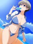  1girl beach bikini blue_eyes blue_hood bob_cut breasts cloud cloudy_sky day dutch_angle food food_in_mouth front-tie_bikini front-tie_top grey_hair hood hoodie horizon huge_breasts kmkzart looking_away navel ocean open_clothes popsicle side-tie_bikini sky sleeves_pushed_up solo standing striped striped_bikini sunlight swimsuit thighs uzaki-chan_wa_asobitai! uzaki_hana white_hoodie 