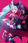  1girl aqua_hair black_thighhighs blue_eyes bow bowtie clenched_hands dress fang gloves hair_between_eyes hand_up hat hatsune_miku highres jumping leg_up lone_nape_hair magical_mirai_(vocaloid) magical_mirai_miku magical_mirai_miku_(2019) microphone_wand mini_hat mini_top_hat nunosei open_mouth outstretched_arm pink_background pink_bow pink_bowtie simple_background smile solo thighhighs top_hat twintails vocaloid white_gloves white_headwear zettai_ryouiki 
