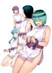  4girls bangs black_hair blue_hair breasts commentary_request cuffs eyes_visible_through_hair green_eyes green_hair grin hair_over_eyes hamada_yoshikazu highres kiriha_(tsugumomo) kyouka_(tsugumomo) large_breasts long_hair looking_at_viewer multicolored_hair multiple_girls official_art open_mouth purple_eyes purple_hair red_eyes sash shackles shinobu_(tsugumomo) short_hair simple_background small_breasts smile sosogu_(tsugumomo) tsugumomo two-tone_hair white_background 