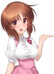  1girl alternate_costume blush breasts brown_eyes brown_hair covered_nipples girls_und_panzer highres kuzuryuu_kennosuke large_breasts looking_at_viewer nishizumi_miho open_mouth shiny shiny_hair shiny_skin short_hair smile solo upper_body 