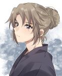  1boy bangs black_kimono brown_hair from_side frown grey_eyes hair_behind_ear hair_bun highres japanese_clothes kimono looking_at_viewer male_focus minashiro_soushi parted_bangs scar scar_across_eye shigenomiya solo soukyuu_no_fafner 