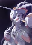  1girl armor armored_dress black_background darling_in_the_franxx from_side horns huanxiang_huifeng looking_up mecha mechanical_arms mechanical_legs necktie orange_eyes robot science_fiction single_horn sketch strelizia 