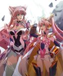  2girls armor blue_eyes blurry blurry_background breasts cape cleavage clothing_cutout covered_navel elbow_gloves flat_chest gauntlets gloves hand_on_hip hand_up headgear height_difference highres leotard long_hair looking_at_another maria_cadenzavna_eve medium_breasts multiple_girls open_mouth pauldrons pink_hair rhapsode senki_zesshou_symphogear shoulder_armor standing symphogear_pendant thighhighs time_paradox twintails very_long_hair younger 