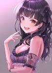  1girl absurdres bangs bare_shoulders bikini black_hair black_ribbon blunt_bangs breasts brown_eyes cleavage commentary frilled_bikini frills from_side gradient gradient_background grey_background hair_ribbon hand_on_own_elbow highres idolmaster idolmaster_shiny_colors long_hair looking_at_viewer mayuzumi_fuyuko nail_polish open_mouth osoba_susurukun pink_nails polka_dot purple_bikini ribbon shiny shiny_hair shiny_skin smile solo swimsuit upper_body wristband 