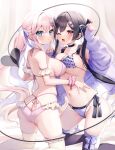  2girls ;d arm_up ass ayuma_sayu back bare_shoulders black_choker black_hair black_thighhighs blue_eyes bow bra breasts choker cleavage demon_tail frilled_bra frilled_panties frills hair_bow hair_ornament hairclip halterneck highres jacket large_breasts lingerie long_hair long_sleeves looking_at_viewer multi-strapped_panties multiple_girls off_shoulder one_eye_closed open_clothes open_jacket open_mouth original panties pink_bra pink_hair pink_panties polka_dot polka_dot_bra polka_dot_panties ponytail purple_bra purple_jacket purple_panties red_eyes side-tie_panties skindentation smile strap_gap string_bra string_panties tail thighhighs thighs twintails underwear underwear_only very_long_hair white_thighhighs 