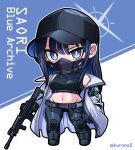  1girl armband assault_rifle bangs bare_shoulders baseball_cap belt black_footwear black_gloves black_hair black_headwear black_mask black_pants black_shirt blue_archive blue_eyes blunt_bangs boots breasts character_name chest_harness chibi coat commentary copyright_name covered_mouth crop_top cross-laced_footwear full_body gloves groin gun halo harness hat holding holding_gun holding_weapon holster knife_holster kurono lace-up_boots long_hair looking_at_viewer mask medium_breasts midriff mouth_mask navel off_shoulder open_clothes open_coat pants rifle saori_(blue_archive) shirt sidelocks sig_516 sig_sauer sleeveless sleeveless_shirt snap-fit_buckle solo standing thigh_holster twitter_username underbust weapon white_background white_coat 