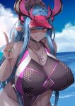  1girl ;d aqua_hair blush body_markings braid breast_cutout breast_focus breasts cleavage_cutout clothing_cutout colored_skin cowboy_shot fang fate/grand_order fate_(series) french_braid grey_skin highleg highleg_swimsuit highres horns huge_breasts ibuki_douji_(fate) ibuki_douji_(swimsuit_berserker)_(fate) ibuki_douji_(swimsuit_berserker)_(first_ascension)_(fate) long_hair looking_at_viewer multiple_horns murasaki_nami one-piece_swimsuit one_eye_closed oni oni_horns pink_headwear pink_swimsuit pointy_ears red_eyes smile solo swimsuit two-tone_swimsuit v visor_cap whistle 