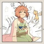  1girl absurdres bird blanket blush cardcaptor_sakura chick child disheveled female_child green_eyes green_pajamas highres holding kero kinomoto_sakura nzeneee one_eye_closed open_mouth pajamas saliva tail wings 