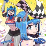  1girl autobot black_shorts blue_eyes blue_hair breasts checkered_flag cigarette crop_top flag genderswap genderswap_(mtf) grey_pantyhose holding holding_cigarette holding_flag humanization medium_breasts midriff navel open_mouth pantyhose parted_lips race_queen shorts smile smokescreen_(transformers) smoking sunafuki_tabito transformers 
