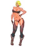 1girl abs angel_(kof) biceps blonde_hair blue_eyes boots bra breasts chaps cowboy_boots dark-skinned_female dark_skin fingerless_gloves gloves hair_over_one_eye highres large_breasts looking_at_viewer minew muscular muscular_female navel obliques snk strapless strapless_bra the_king_of_fighters the_king_of_fighters_2001 the_king_of_fighters_2002 thick_thighs thighs toned underwear 