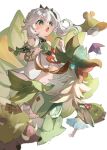  1girl :o barefoot blurry clenched_hands depth_of_field full_body genshin_impact green_eyes grey_hair highres leaf long_hair looking_ahead nahida_(genshin_impact) naruka_(ynarukay) open_mouth simple_background standing toes white_background 