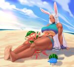  1girl abs animal_ears artist_name ass bangs bare_legs bare_shoulders barefoot beach between_thighs bikini blue_bird blue_swimsuit boku_no_hero_academia breasts choker cloud cloudy_sky crop_top crushing dark-skinned_female dark_skin english_commentary feet fingerless_gloves food fruit fruit_hat full_body gabriel_carrasquillo gloves highres large_breasts legs legs_together long_eyelashes long_hair looking_at_object milestone_celebration mirko muscular muscular_female nail_polish navel outdoors palm_tree parted_bangs parted_lips purple_gloves rabbit_ears rabbit_girl red_eyes sitting skindentation sky soles solo sports_bikini suikawari swimsuit tan tankini tanlines thick_thighs thighs thumbs_up toenail_polish toenails toes toned tree underboob very_long_hair watermelon watermelon_between_thighs white_hair yellow_nails 