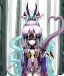  absurdres aqua_hair bob_cut body_markings breast_rest breasts breasts_on_head closed_eyes colored_skin cup demon_horns dress dual_persona expressive_tail eyeliner fate/grand_order fate_(series) grey_skin headpiece heart heart_tail height_difference highres horns ibuki_douji_(fate) japanese_clothes kimono large_breasts long_fingers long_hair makeup multiple_girls multiple_horns obossoss oni oni_horns open_clothes open_kimono pointy_ears purple_eyes purple_hair purple_kimono revealing_clothes ribbed_dress sakazuki short_eyebrows short_hair shuten_douji_(fate) skin-covered_horns sleeveless sleeveless_sweater sweater tail time_paradox turtleneck turtleneck_dress turtleneck_sweater 