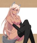  animal_ears black_legwear blonde_hair blue_eyes blush breast_squeeze breasts dark_skin elbow_gloves foxhound220 gloves large_breasts long_hair nipples nude original pussy sitting solo tail thighhighs wolf_ears wolf_tail 