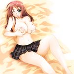  ahoge blush breasts copyright_request from_above glasses green_eyes lactation large_breasts legs long_hair lying misaki_takahiro navel nipples on_back open_mouth pink_hair plaid plaid_skirt self_fondle skirt solo topless wince 