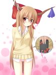  alternate_costume blush bottomless bow brown_hair contemporary dress_shirt gift hair_bow holding holding_gift horn_ribbon horns ibuki_suika incoming_gift long_hair no_panties purple_eyes pussy_juice ribbon shirt solo sweater touhou valentine yoye_(pastel_white) 