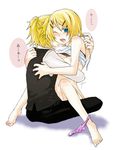  1girl bad_id bad_pixiv_id barefoot blonde_hair blue_eyes blush brother_and_sister girl_on_top hair_ornament hairclip hetero hug incest kagamine_len kagamine_rin kiri_(lwp01_lav) one_eye_closed panties panties_around_one_leg sex short_hair siblings straddling tears twincest twins underwear upright_straddle vocaloid wince 