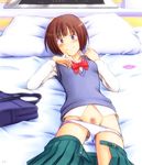  bag bed blush bonnie_(rsg) brown_eyes brown_hair condom endou_tomoko kimi_ni_todoke panties panty_pull pillow pubic_hair pussy school_uniform short_hair skirt skirt_pull solo sweater_vest underwear unzipped 