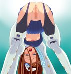  all_fours anus ass blue_hair brown_eyes flat_chest from_below hou_(hachiyou) looking_back lumia_waber perspective phantasy_star phantasy_star_portable_2 pubic_hair pussy solo teenage thighhighs 