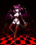  &gt;:) boots bow breasts clitoris_piercing corset cross dark_persona demon_girl detached_sleeves earrings elbow_gloves fingerless_gloves frills gloves hair_bow hakurei_reimu high_heels highres horns inverted_cross jewelry lingerie medium_breasts nipple_piercing nipples ofuda pale_skin panties piercing pubic_hair purple_hair pussy shoes slit_pupils smile solo tail thigh_boots thighhighs thong touhou underwear v-shaped_eyebrows wings yellow_eyes yuzu_momo 