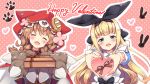  2girls apron bangs black_bow blonde_hair blue_dress blush bow box box_of_chocolates braid brown_hair buttons cloak dress eyebrows_visible_through_hair eyes_closed gift gloves green_eyes hair_between_eyes hair_bow hairband happy_valentine head_tilt heart heart-shaped_box highres holding holding_box holding_gift hood hooded_cloak incoming_gift long_hair looking_at_viewer low_twin_braids moeki_yuuta mononobe_alice multiple_girls nijisanji open_mouth paw_gloves paws pink_background polka_dot polka_dot_background puffy_short_sleeves puffy_sleeves ribbon short_sleeves smile twin_braids upper_body valentine very_long_hair virtual_youtuber warabeda_meijii 