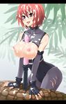  blush bodysuit breasts cum cum_on_body cum_on_breasts cum_on_upper_body dildo dino_crisis dinosaur facial fingerless_gloves gloves large_breasts nipples paizuri pink_eyes red_hair regina solo_focus watari-shinji 