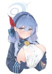  1girl absurdres ako_(blue_archive) alreadyusedpai areola_slip bangs bell black_gloves blue_archive blue_coat blue_eyes blue_hair blue_hairband breasts buttons coat double-breasted earrings gloves hair_between_eyes hairband half_gloves halo highres jewelry neck_bell nipples sideboob 