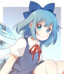  1girl bangs blue_background blue_bow blue_dress blue_eyes blue_hair bow cirno closed_mouth collared_shirt dress gradient gradient_background hair_bow highres ice ice_wings looking_at_viewer outside_border pinafore_dress sasaki_sakiko shirt short_sleeves smile solo touhou white_shirt wings 