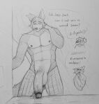  anthro balls bare_chest beastars big_balls big_penis bird_dog black_and_white bottomwear bottomwear_down canid canine canis clothed clothing dialogue domestic_dog duo genitals half-erect hi_res hunting_dog jack_(beastars) labrador legoshi_(beastars) lewd_bunnie male mammal monochrome nipples pants pants_down partially_clothed penis pubes retriever scar sketch vein veiny_penis wolf 