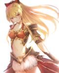  1girl armor armored_dress black_gloves blonde_hair bow breasts cowboy_shot dutch_angle gloves granblue_fantasy hair_between_eyes hair_bow lala_(0915_yu) long_hair looking_at_viewer medium_breasts navel red_bow red_eyes sidelocks smile solo waist_cape white_background 