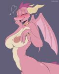  &lt;3 activision anthro areola big_breasts blush breasts cooliehigh dragon ember_(spyro) eyes_closed female flat_colors hi_res horn membrane_(anatomy) membranous_wings nipples nude pink_areola pink_body pink_nipples ring scalie simple_background smile solo spyro_the_dragon video_games wings 