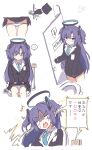  1girl ^^^ bangs blue_archive blue_necktie collared_shirt formal halo highres i-tsd miniskirt necktie panties panty_pull parted_bangs pleated_skirt purple_eyes purple_hair restroom shirt skirt suit toilet toilet_seat toilet_stall two_side_up underwear white_shirt yuuka_(blue_archive) 