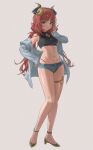  1girl absurdres blue_eyes breasts clothing_cutout crop_top denim denim_shorts genshin_impact highres horns legs_together looking_at_viewer navel navel_cutout nilou_(genshin_impact) red_hair short_shorts shorts small_breasts smile solo standing thigh_strap thighs zutsuyaku 