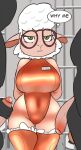  2017 ambiguous_species anthro balls big_breasts bovid breasts caprine clothing dawn_bellwether disney domestic_sheep english_text eyewear female genitals glasses green_eyes group hi_res humanoid_genitalia humanoid_penis imminent_rape jumpsuit legwear leotard male mammal open_mouth penis prison seii3 sheep short_stack solo_focus stockings teeth text thick_thighs thought_bubble tongue trio zootopia 