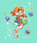  1girl aqua_background blue_eyes chao_(sonic) furry furry_female gloves gold_headband grin highres kiikoi11 looking_at_viewer looking_back orange_fur simple_background skirt smile sonic_(series) tikal_the_echidna twitter_username white_gloves 