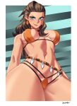  1girl arms_behind_back bare_arms bare_shoulders bikini border breasts breasts_apart brown_hair closed_mouth cowboy_shot dracksart earrings english_commentary forehead from_below green_eyes hair_between_breasts hair_ornament highres jewelry large_breasts long_hair looking_at_viewer navel pokemon pokemon_(game) pokemon_sv revealing_clothes sada_(pokemon) shadow signature smirk solo string_bikini swimsuit thick_thighs thighs toned v-shaped_eyebrows white_border wide_hips 