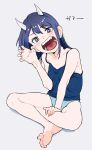  1girl aoki_ruri bangs bare_arms bare_legs bare_shoulders barefoot blue_eyes blue_hair blue_shirt blue_shorts blush breasts camisole claw_pose collarbone fangs full_body grey_background hand_up head_tilt highres horns indian_style long_hair open_mouth osame ruri_dragon shirt short_shorts shorts sidelocks simple_background sitting slit_pupils small_breasts solo teeth tongue 