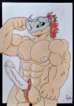  abs absurd_res anthro armor balls bandai_namco barazoku dashthefox digimon digimon_(species) dragon flexing flexing_bicep flexing_muscles genitals hairy_balls headgear helmet hi_res male muscular nipples pecs pubes solo traditional_media_(artwork) vein wargreymon 