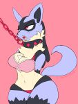  absurd_res anthro blue_body blue_fur bottomwear bra breasts chain cleavage clothed clothing collar fangs female fur generation_4_pokemon hands_behind_back hi_res looking_up lucario medium_breasts navel nintendo open_mouth panties pokemon pokemon_(species) pukemilked red_eyes solo spike_(disambiguation) spiked_collar spikes submissive submissive_female underwear video_games 